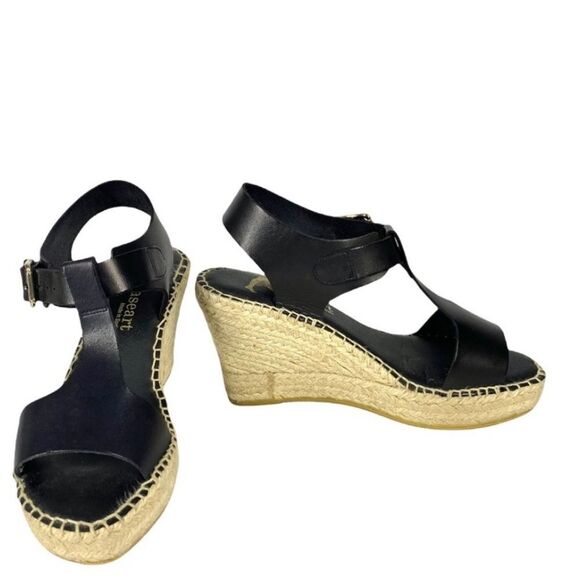 PASEART Black Leather Strappy Espadrille Wedges Made In Spain EU 38 US 7 Medium - Picture 8 of 9